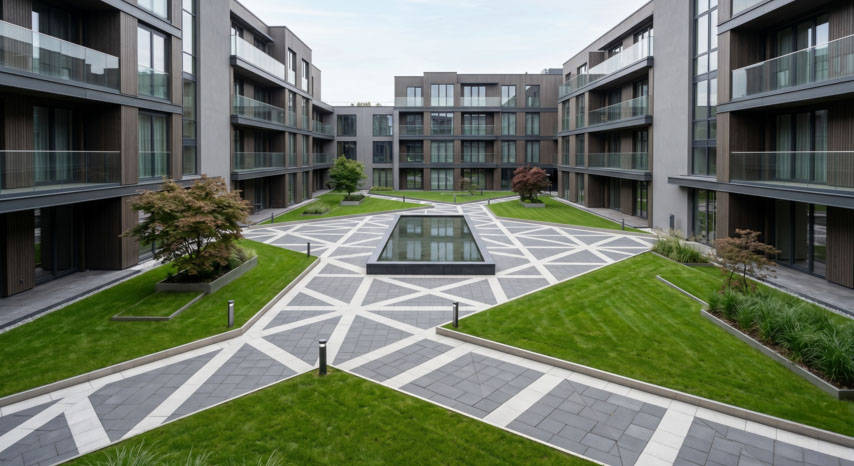 Geometryczny układ kostki brukowej w różnych odcieniach szarości