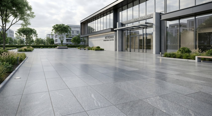 Minimalistyczna nawierzchnia z szerokich płyt tarasowych