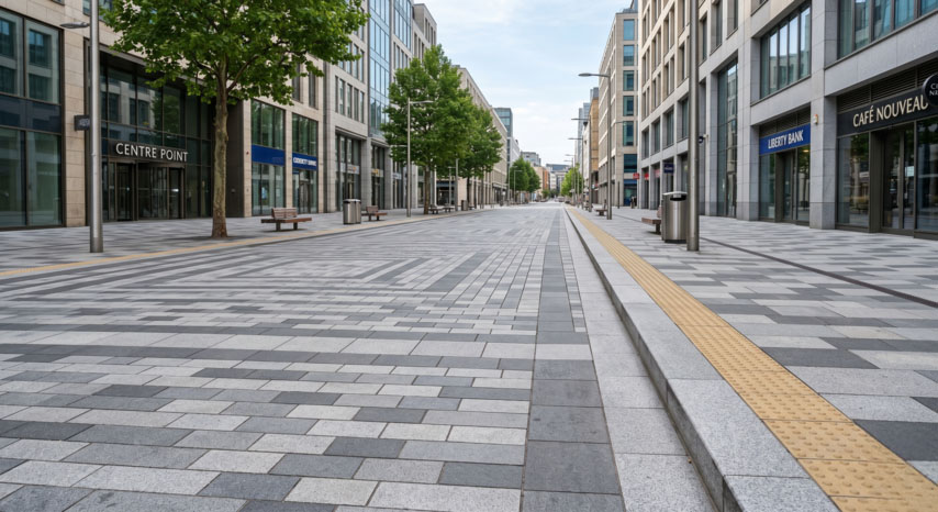 Wielobarwna nawierzchnia miejska z systemem oznaczeń dotykowych